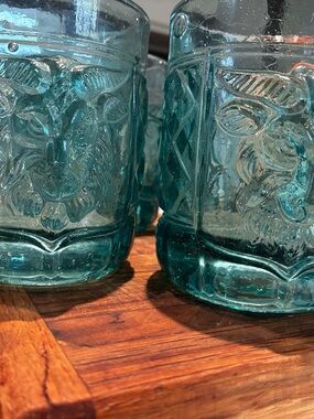 Vintage Mexican Aqua Glass Chico (goat) mug Set 6!! Rare!!